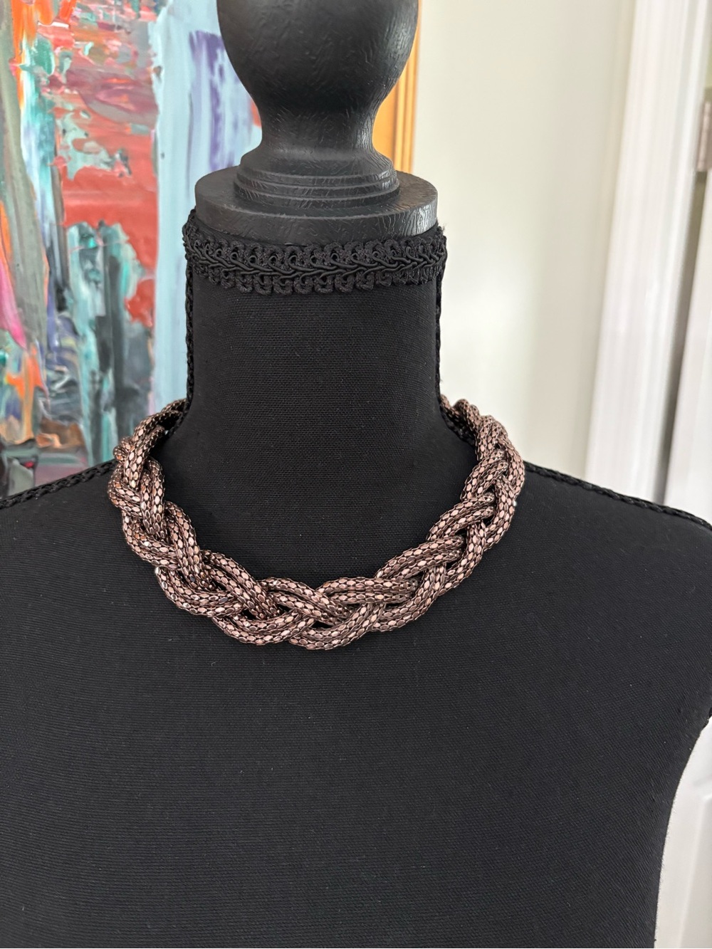 Braided Metallic Statement Necklace in Dark Brown